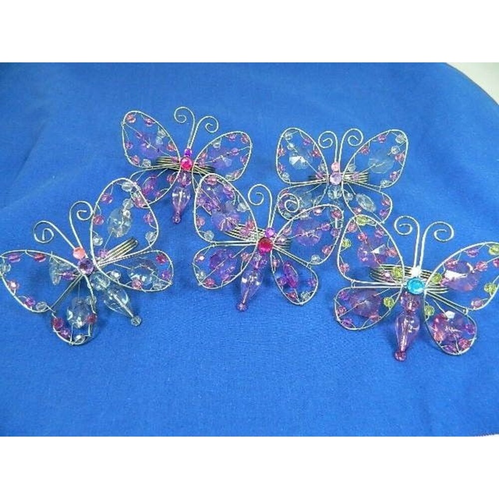 Butterfly Napkin Rings Lot of 5 Silver Tone Wire with Multicolored Beads